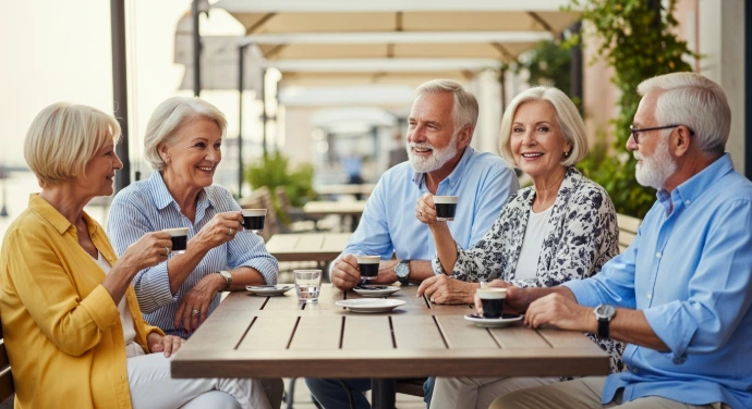 Un gruppo di persone autonome dai 60 anni in su sorride insieme attorno a un tavolo, in una comunità Golden-Living