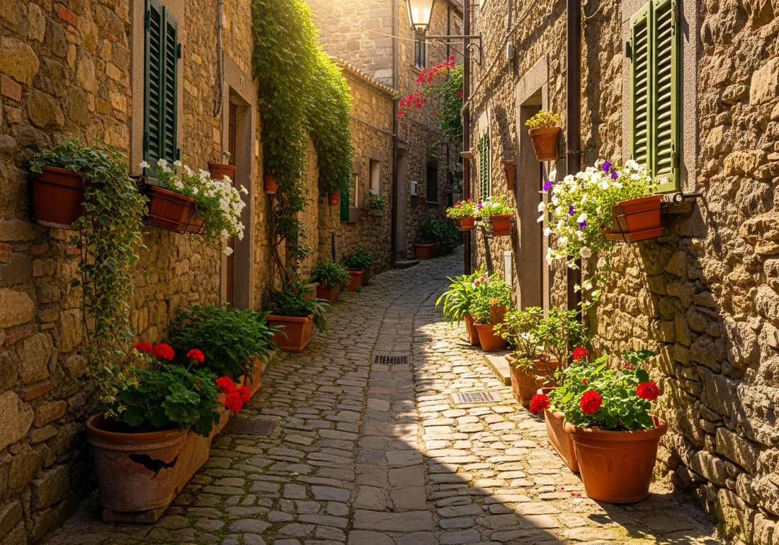 Vicolo in pietra di un borgo dell'Irpinia, tra fiori e ritmo lento